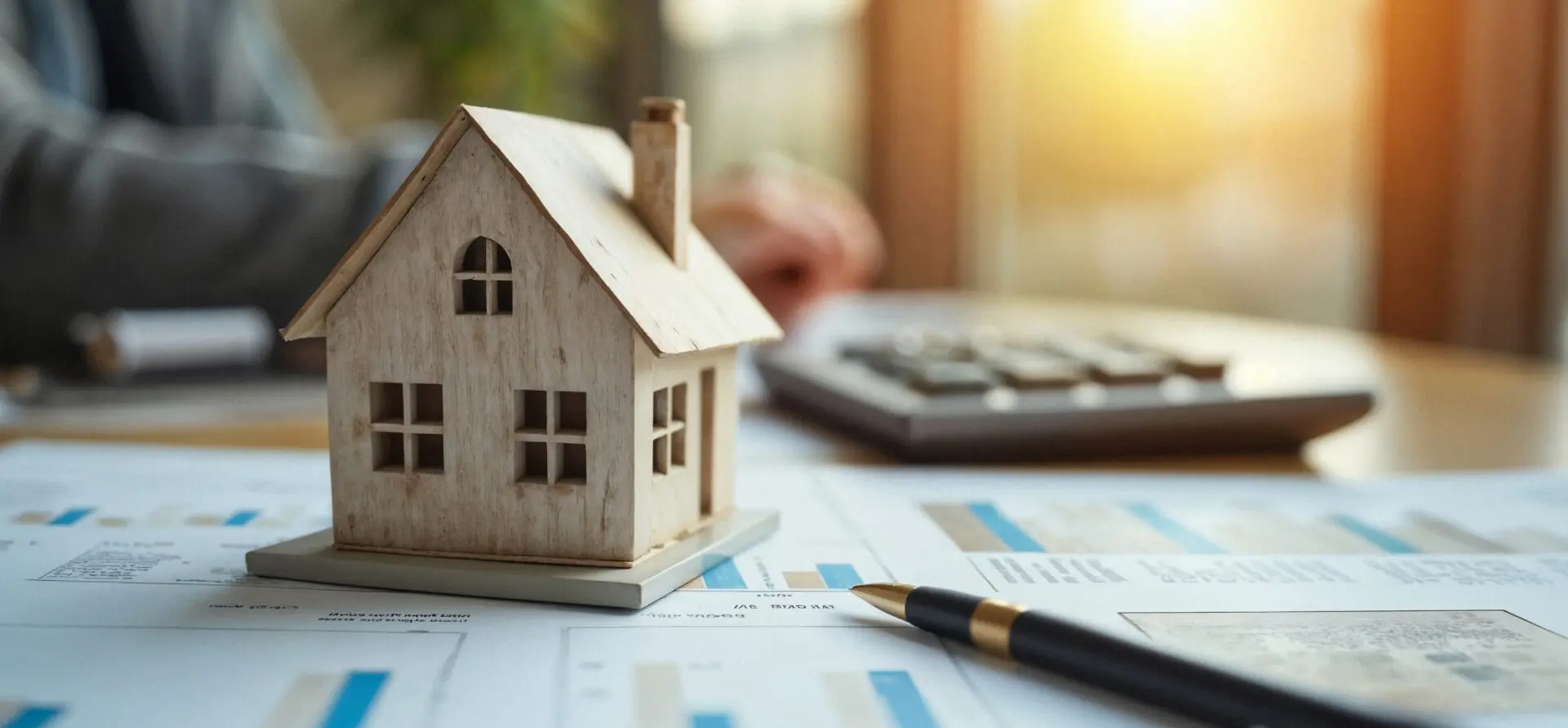 Modellhaus aus Holz auf Unterlagen zur Immobilienbewertung mit Stift, unscharfer Hintergrund und Papierlayout für Wertermittlung im Märkischen Kreis